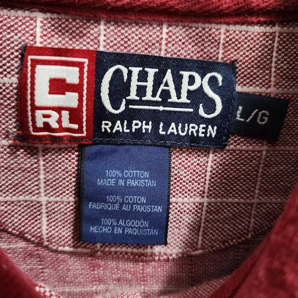 VTG Chaps Ralph Lauren Red Check Crest Logo Cotton Short Sleeve Polo Shirt Large